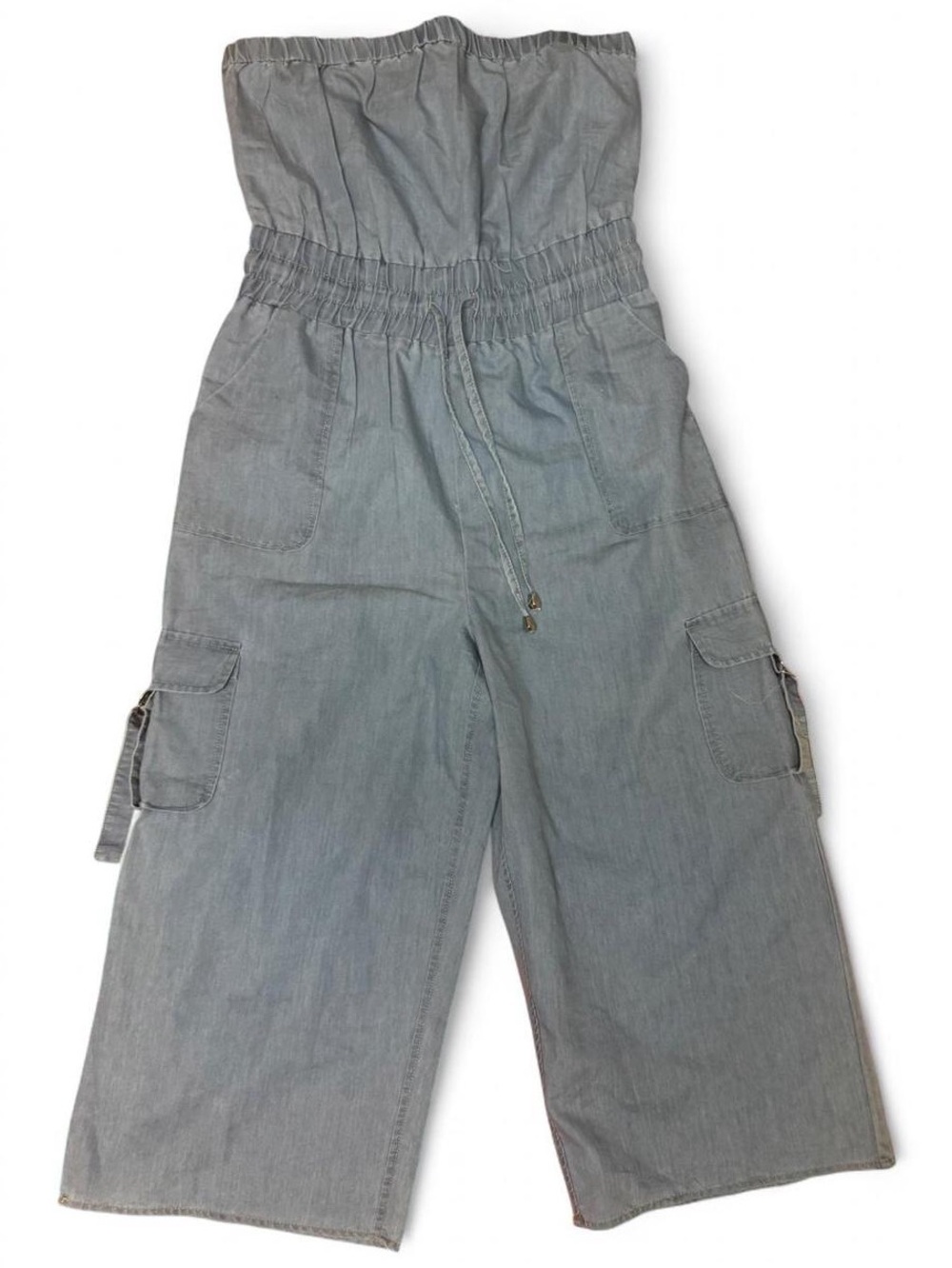 Blush Light Blue Denim Strapless Cargo Jumpsuit